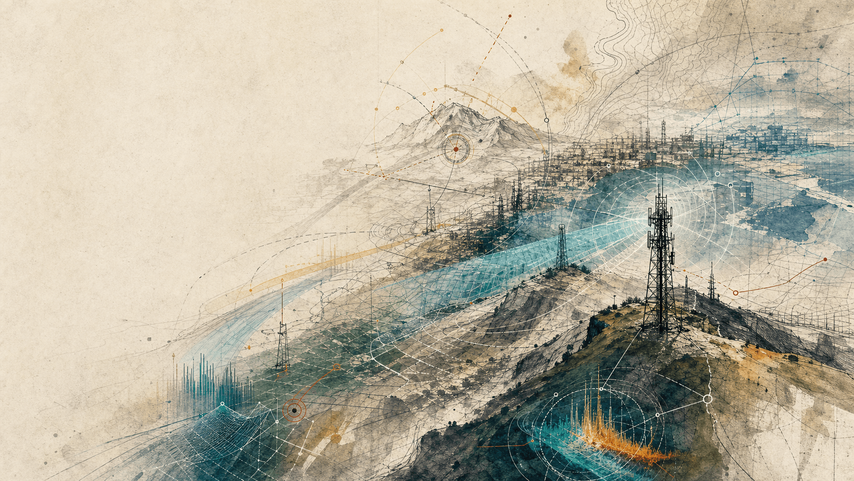 Hand-drawn digital twin atlas with telecom towers, RF coverage contours, terrain, spectrum traces, and forensic reconstruction marks.