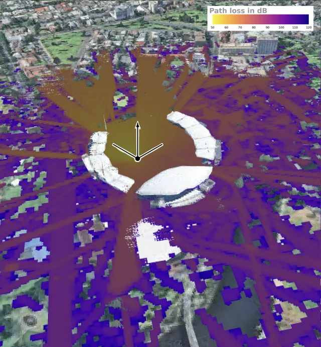 Radio coverage around Adelaide Oval. 3D panel cropped from the original paired 2D and 3D figure; colour legend retained.
